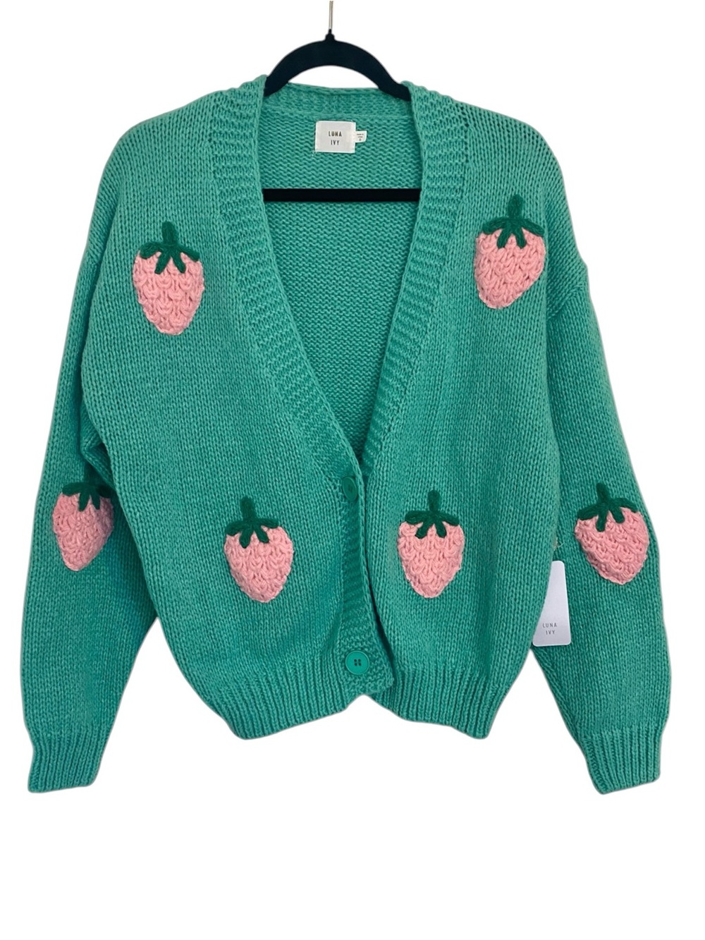 Luna Ivy Mint Green Strawberry Chunky Knit Cardigan NWT Small